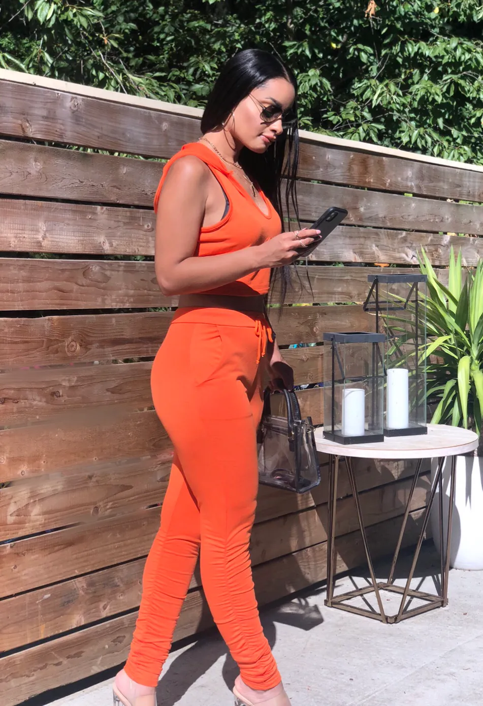 Orange Cropped Hoodie Pant Set