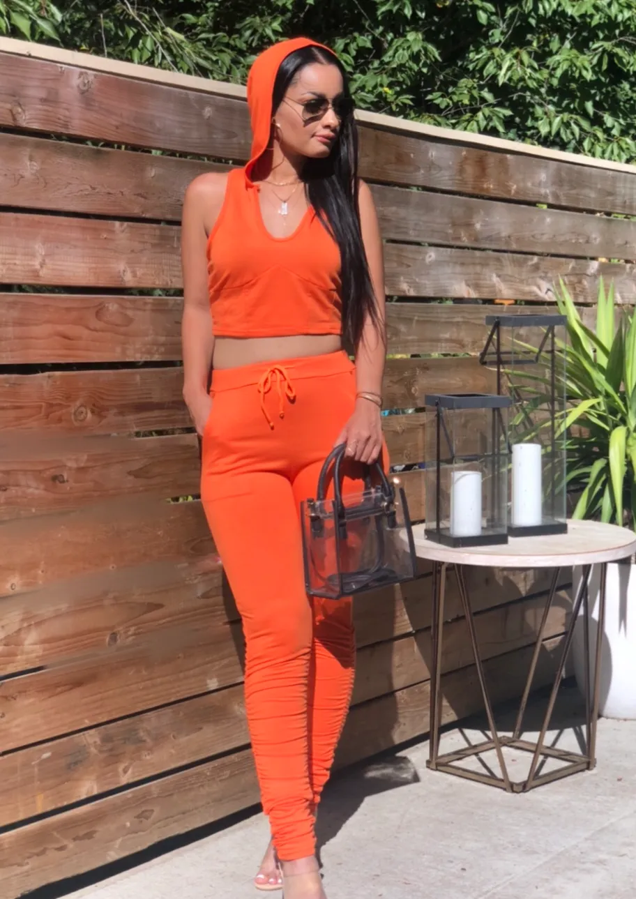 Orange Cropped Hoodie Pant Set