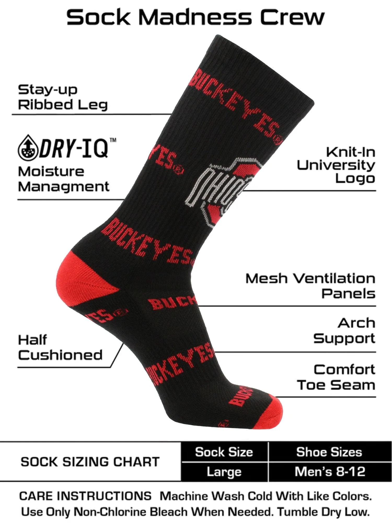 OSU University of Ohio State Buckeyes Mayhem Crew Length