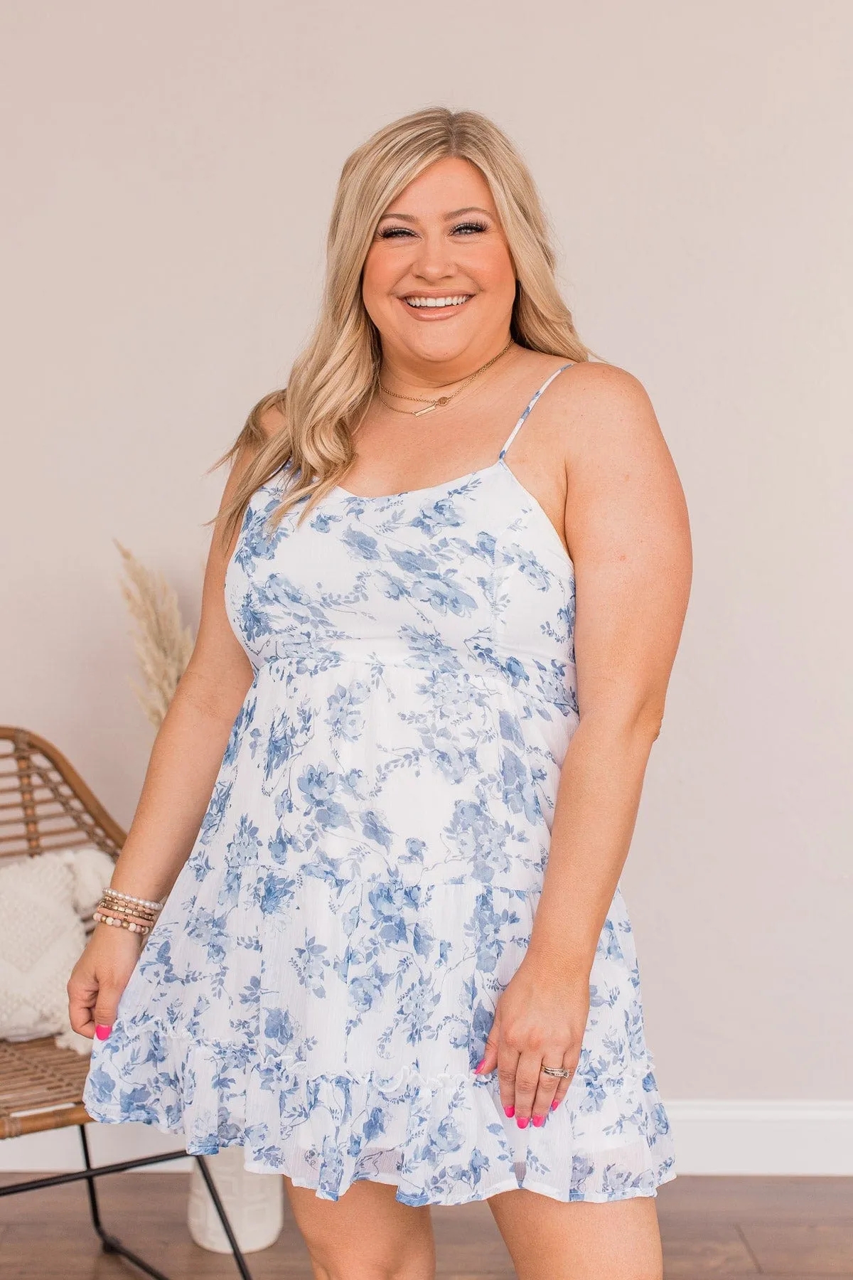 Plucking Petals Floral Dress- Blue & Ivory