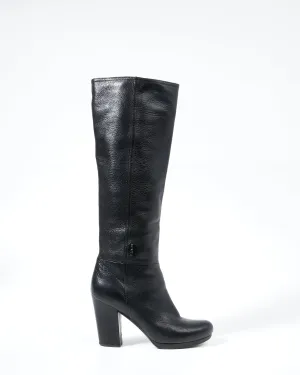 Prada Black Grained Leather Knee Heel Boots - 39.5