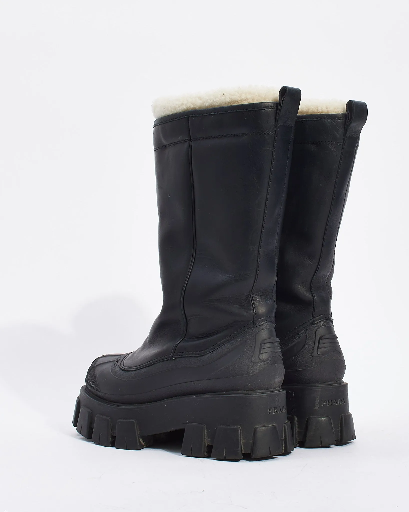 Prada Black Leather Shearling Trimmed Monolith Leather Boots - 37.5