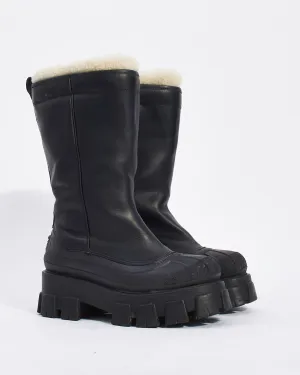 Prada Black Leather Shearling Trimmed Monolith Leather Boots - 37.5