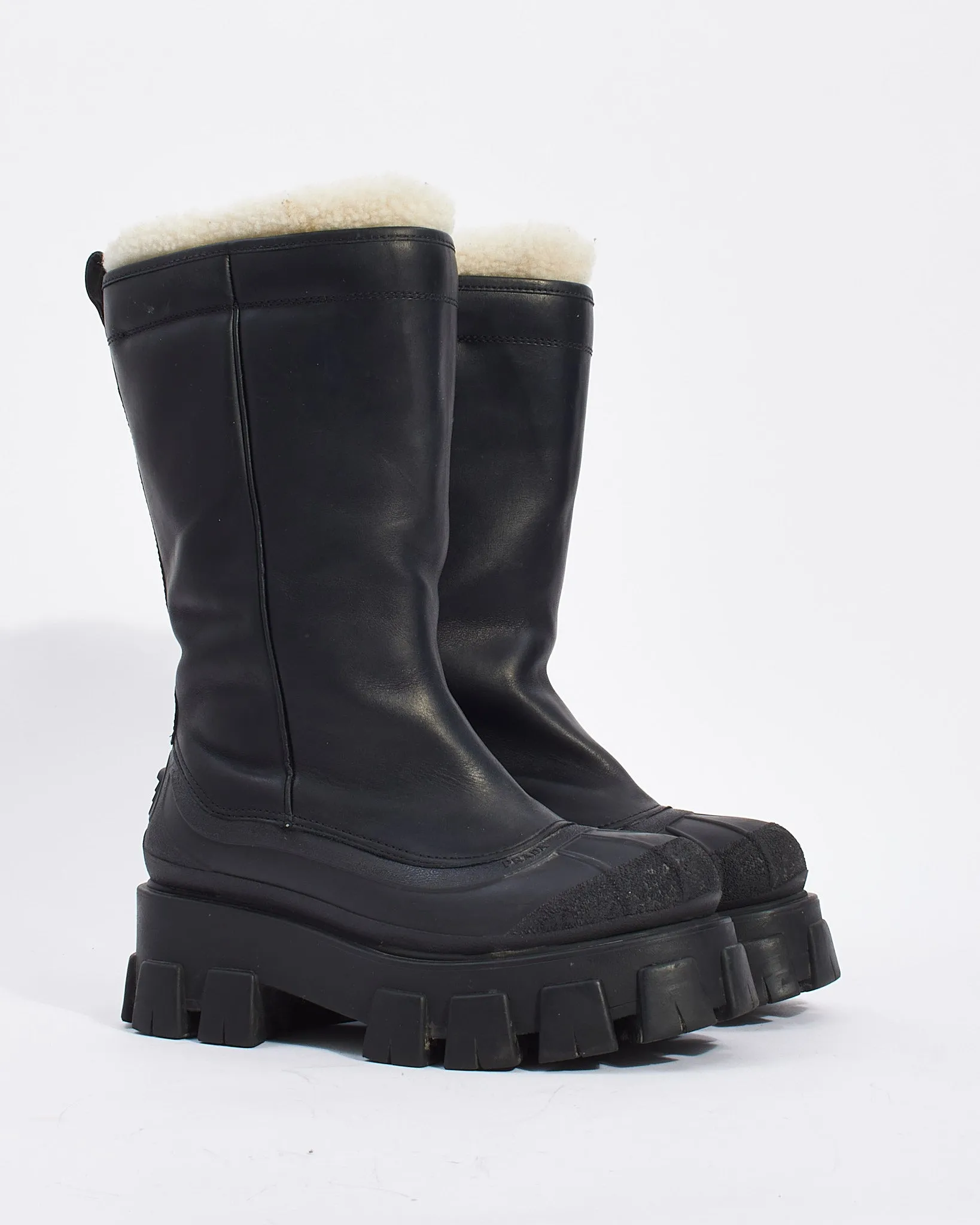 Prada Black Leather Shearling Trimmed Monolith Leather Boots - 37.5
