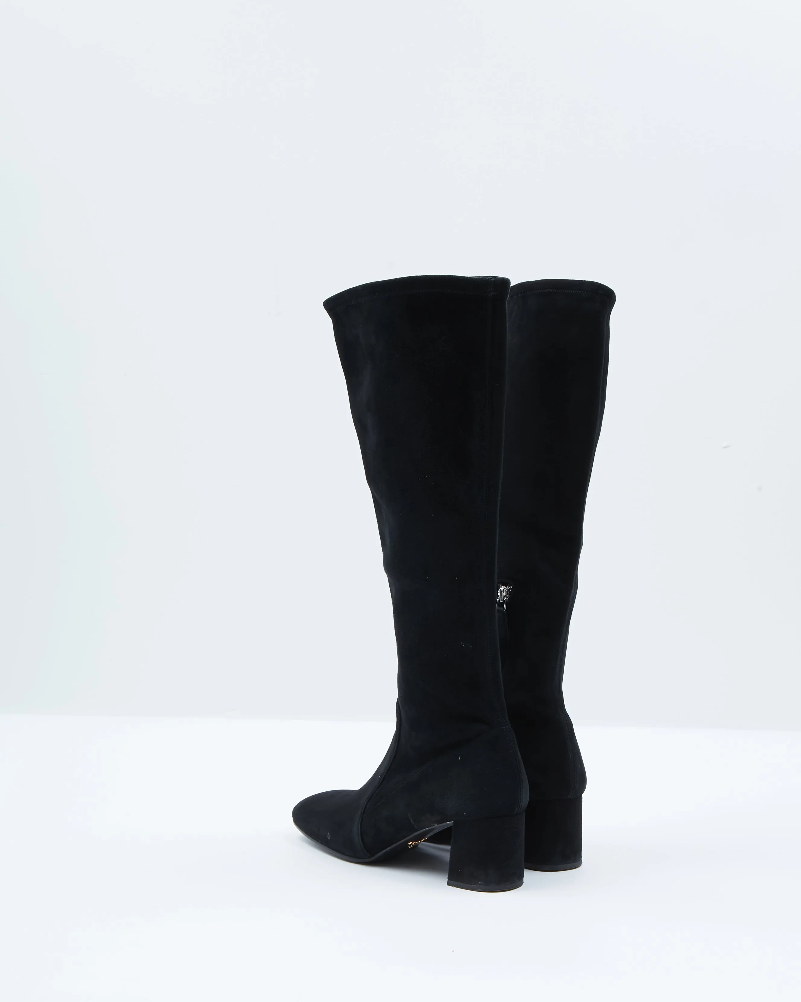 Prada Black Suede Knee Length Block Heel Boots - 37
