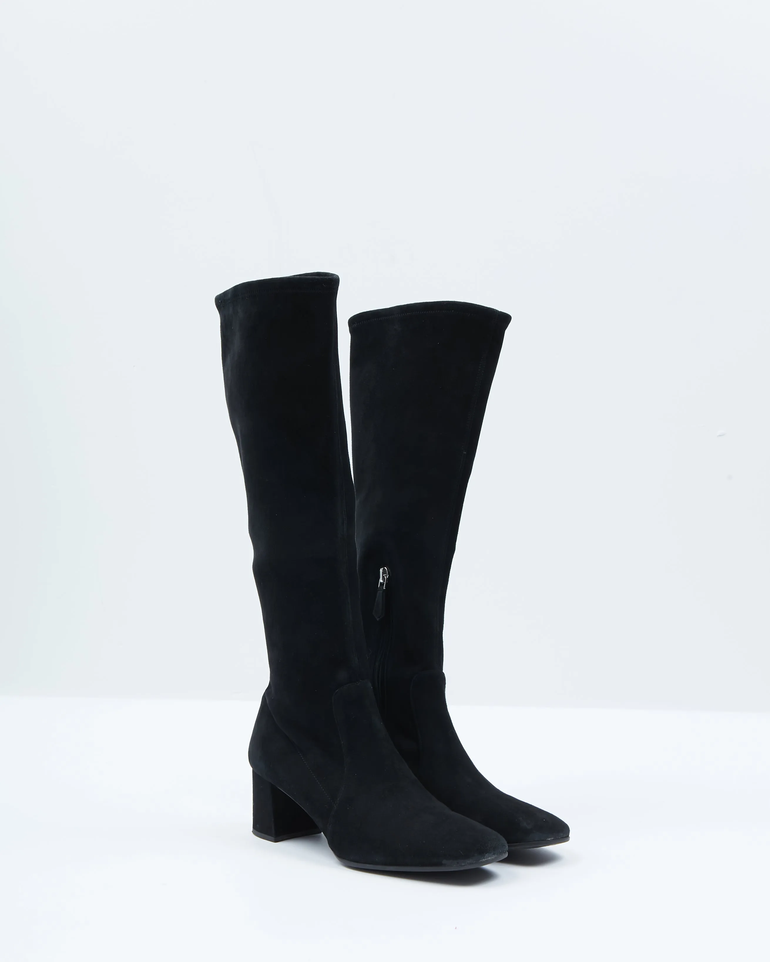 Prada Black Suede Knee Length Block Heel Boots - 37