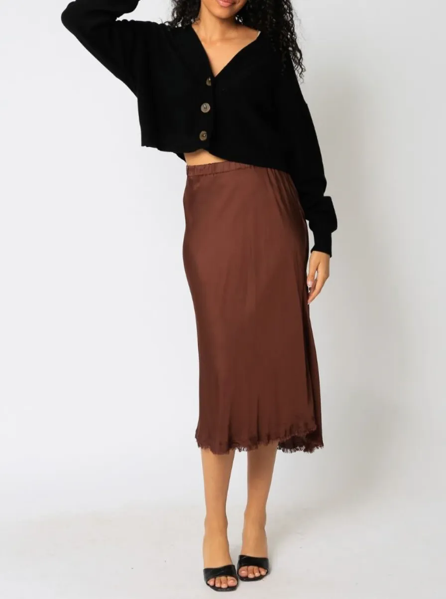 Satin Fringe Hem Midi Skirt