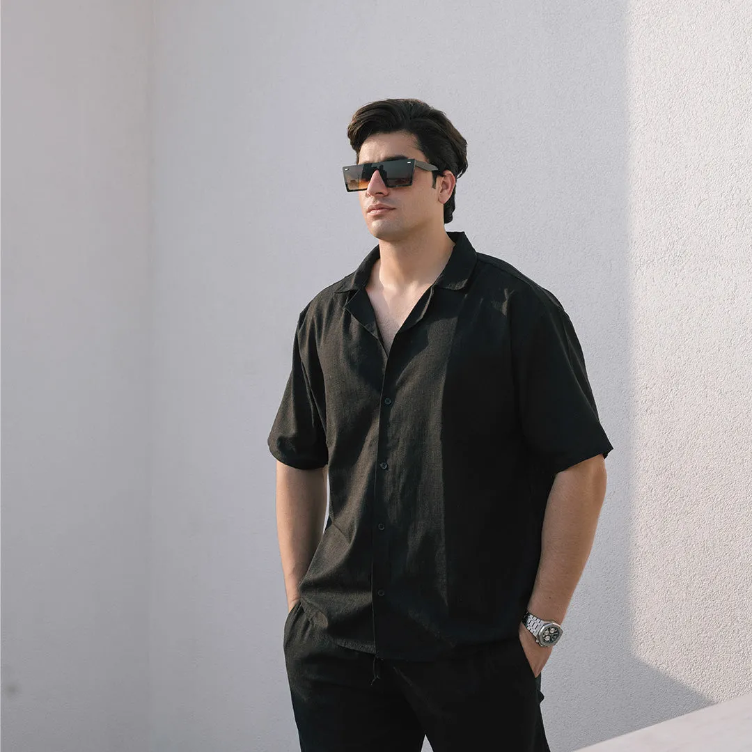 SIGNATURE LOOSE FIT RICH LINEN CORD SET - BLACK