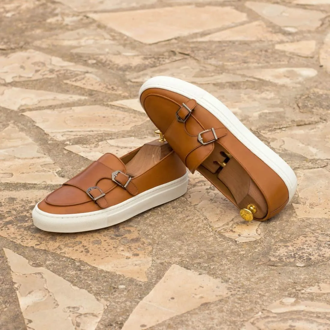 Sneaker Mocassin Double Boucle en cuir marron clair