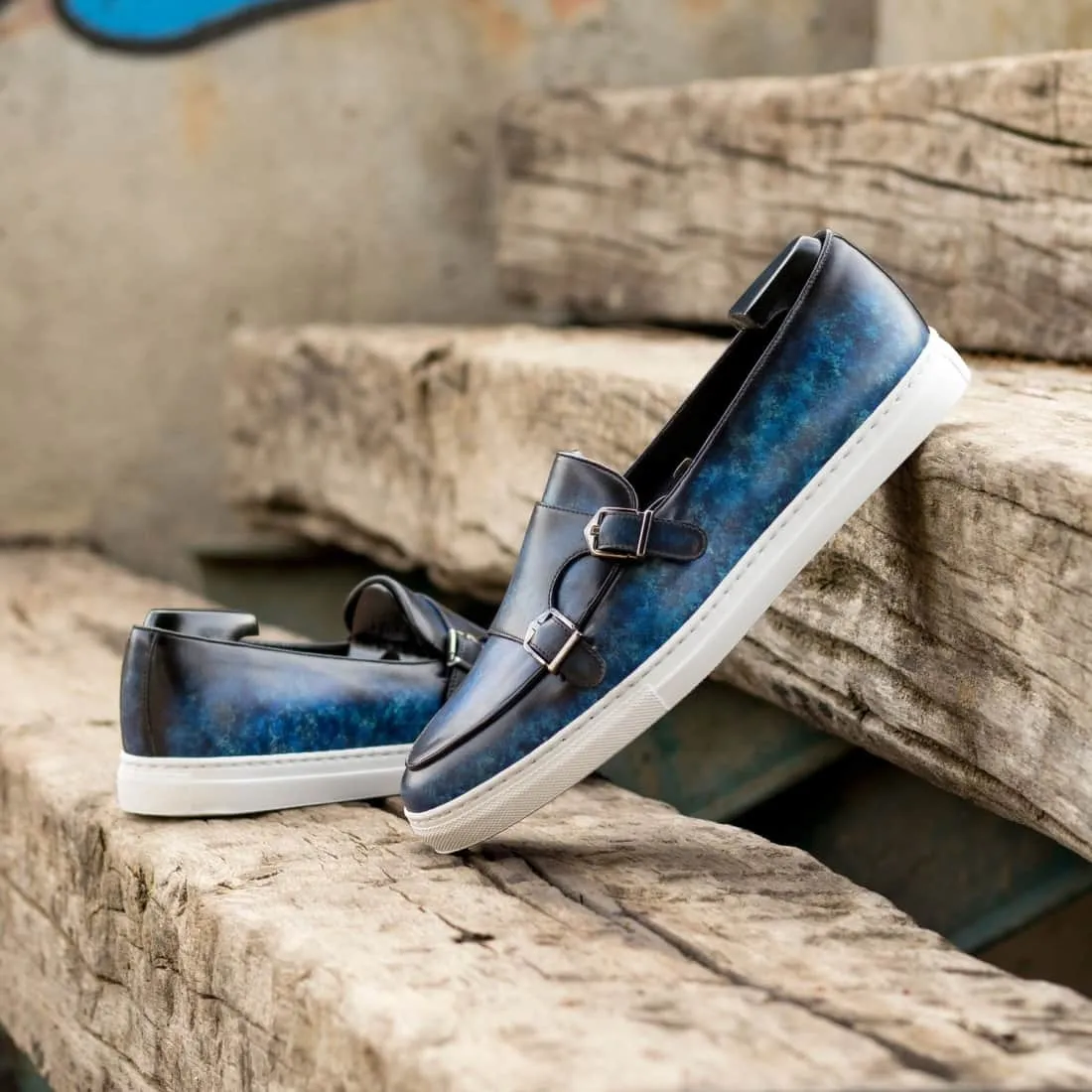 Sneaker Mocassin Double Boucle en cuir patiné bleu marine