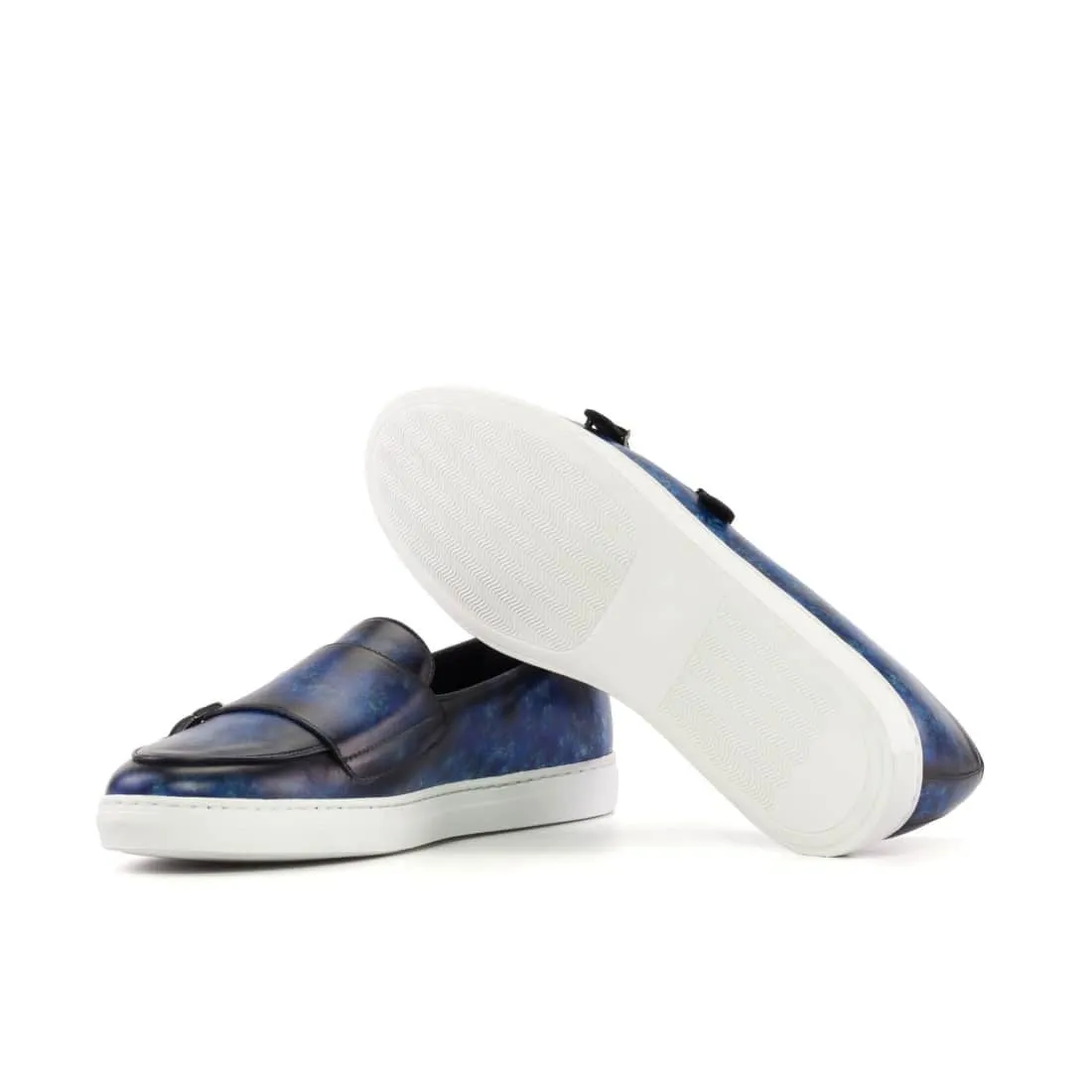 Sneaker Mocassin Double Boucle en cuir patiné bleu marine