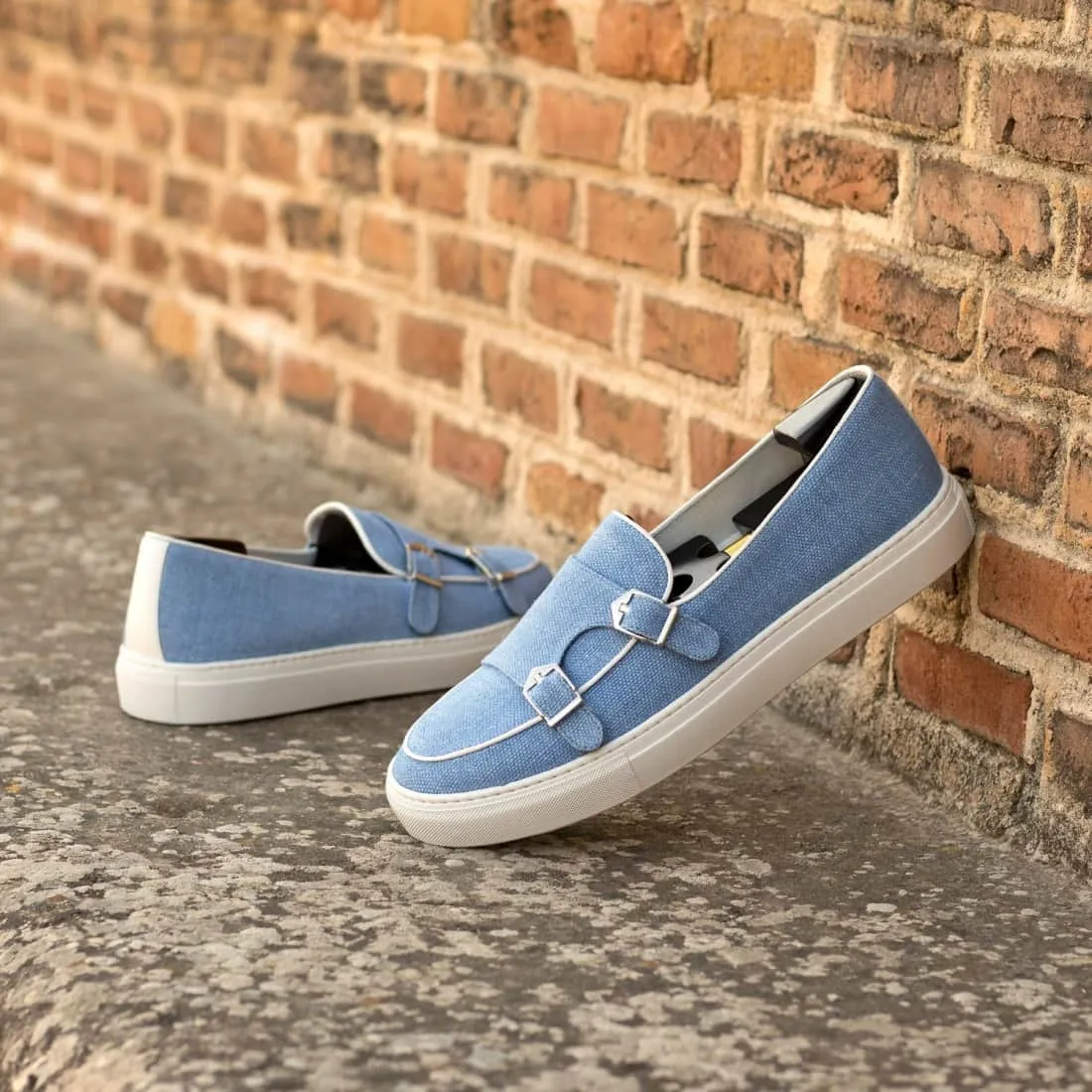 Sneaker Mocassin Double Boucle en lin bleu ciel