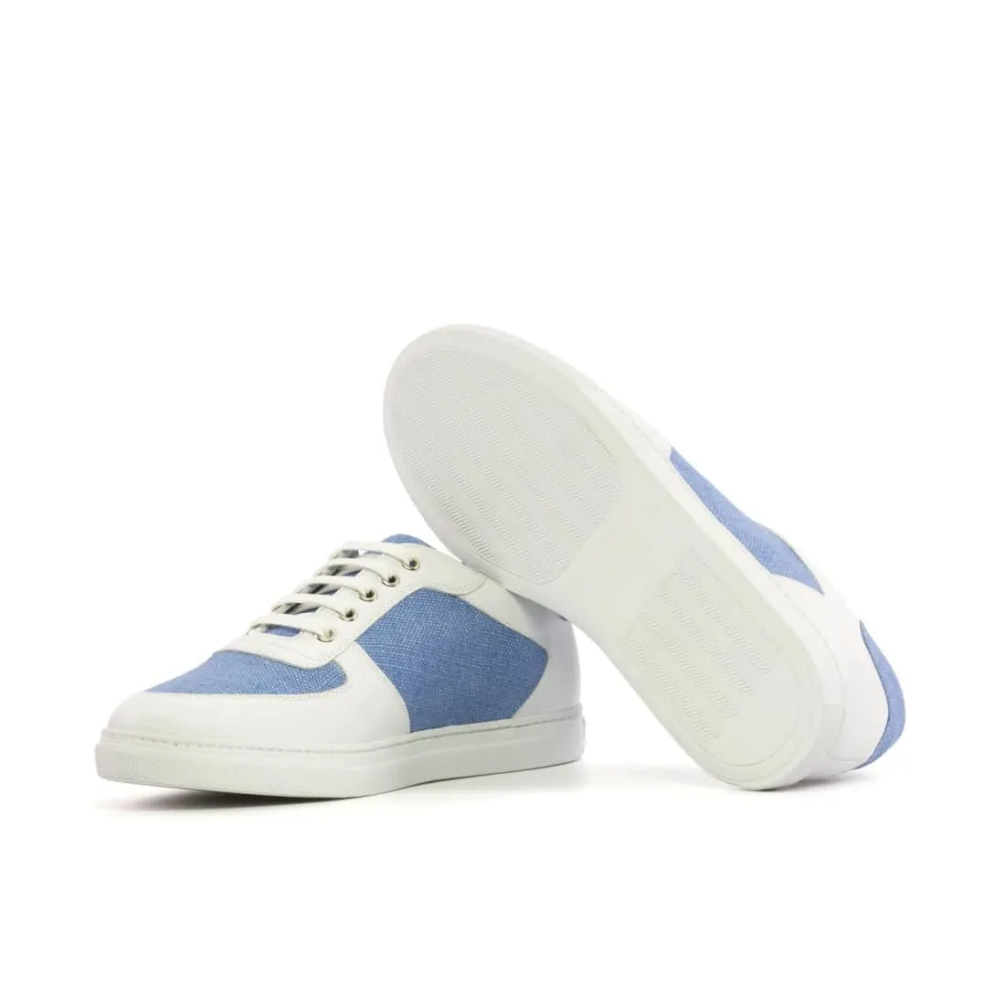 Sneakers Bumper en cuir blanc et lin bleu ciel - Semelles Blanches