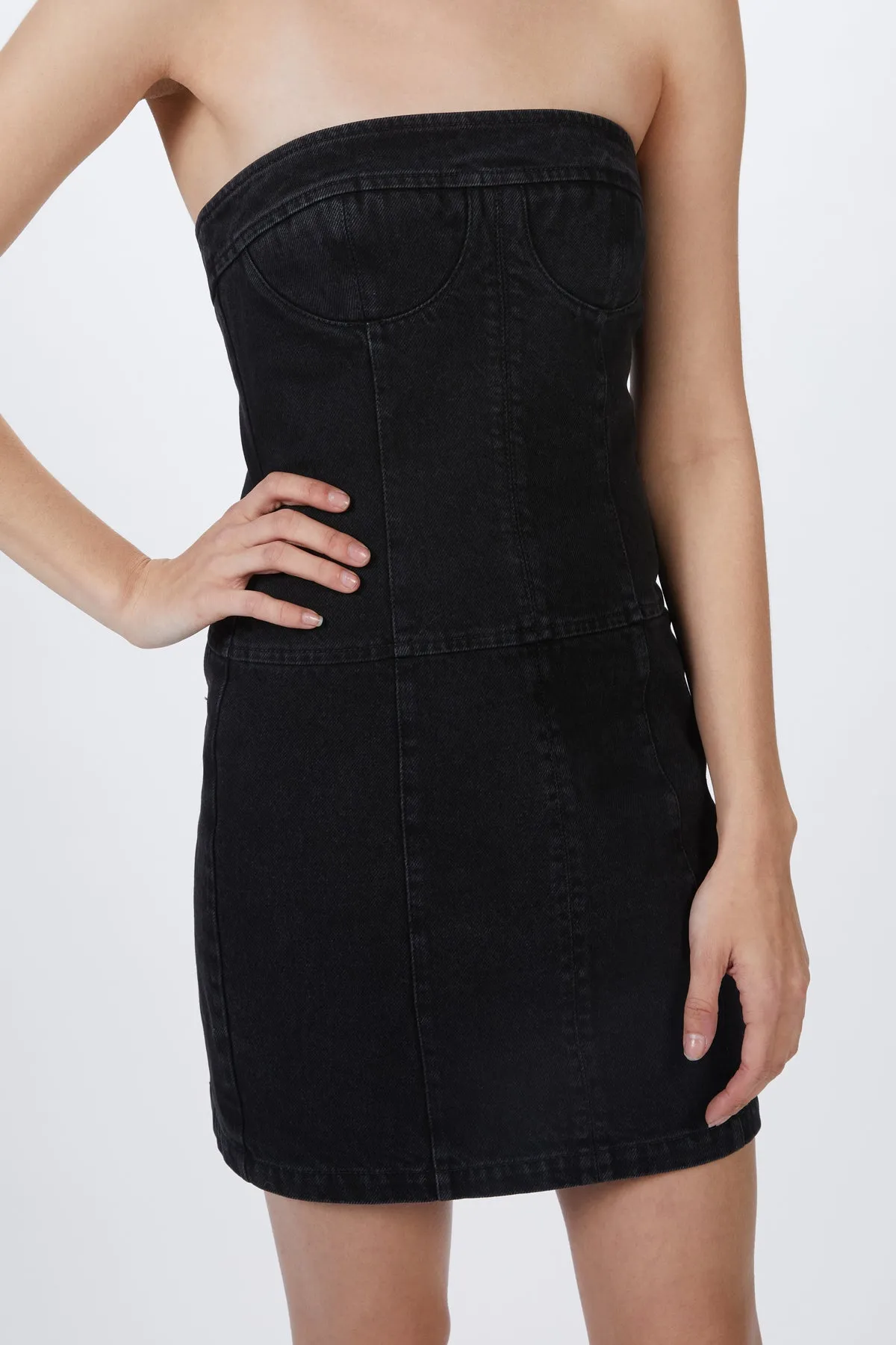 STRAPLESS MINI DENIM DRESS