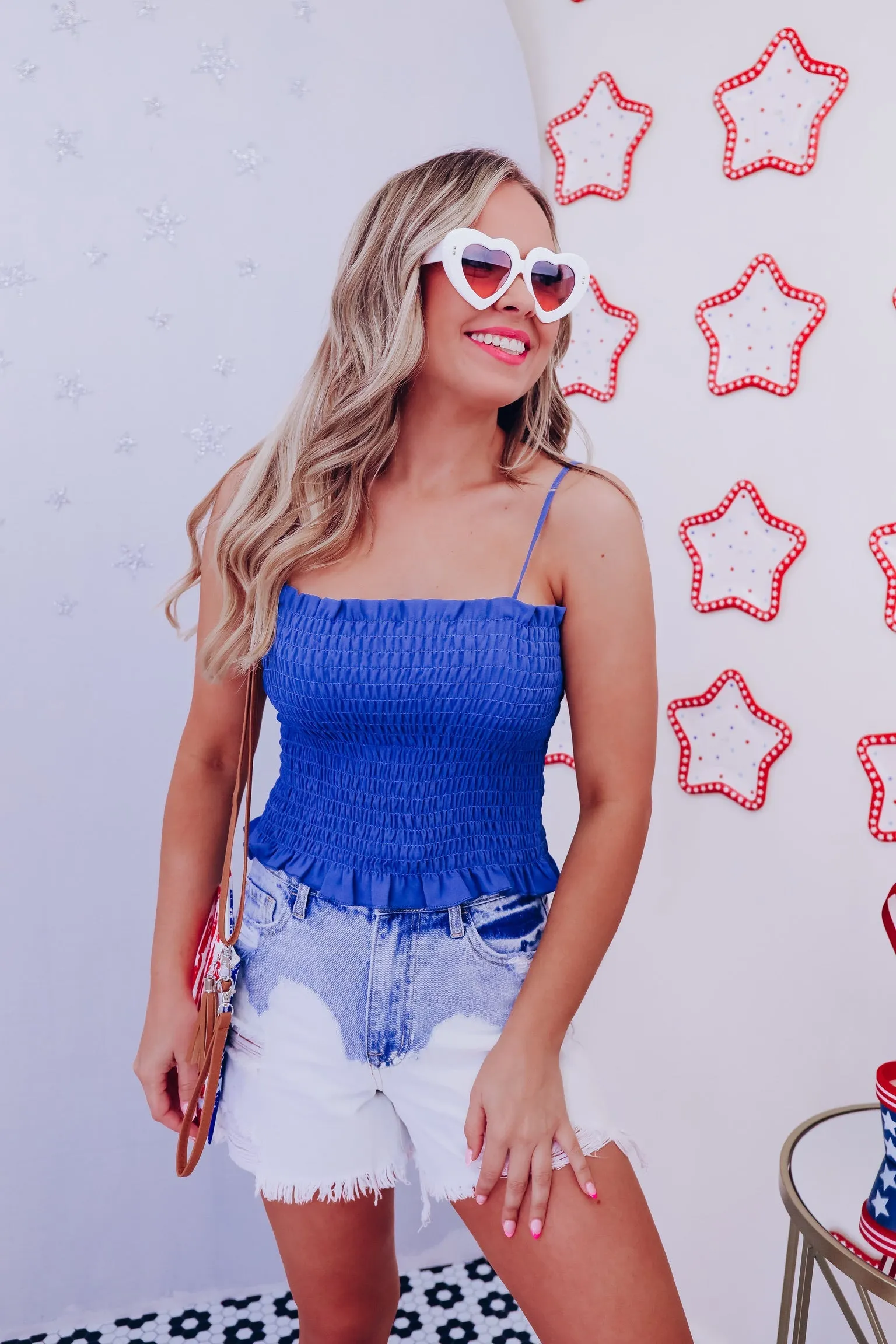 Tahari Smocked Crop Top - Denim Blue