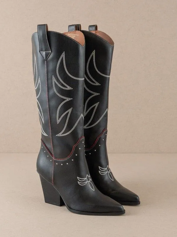 Take Me Downtown Western Cowboy Boots - Black and Red