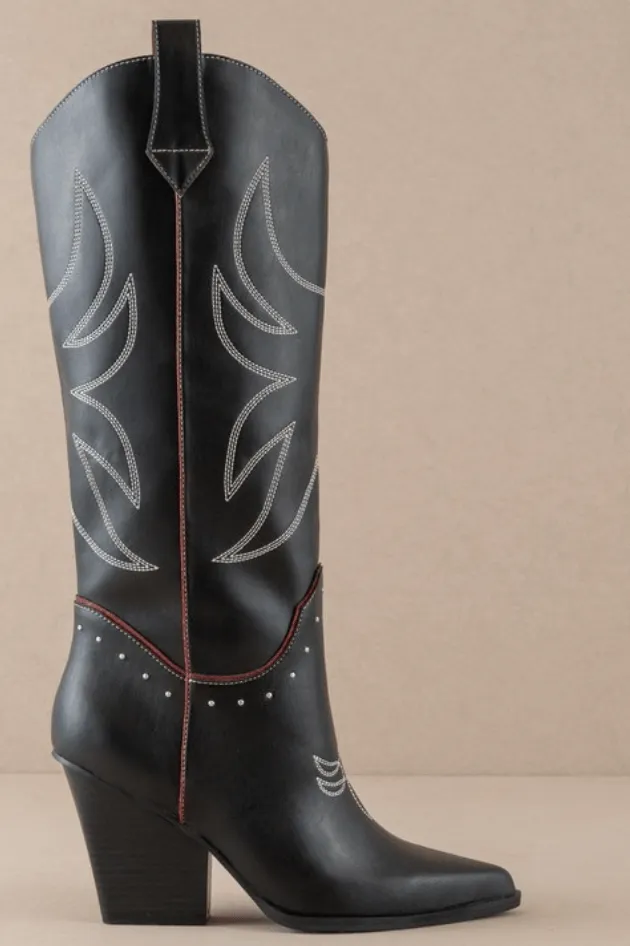Take Me Downtown Western Cowboy Boots - Black and Red