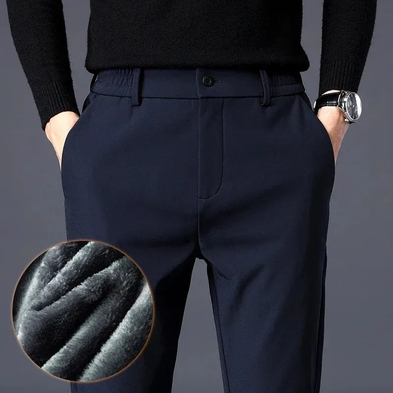 Thicken Fleece Lined Pants - Men's Warm Elastic Waist Outdoor Sweatpants Fashion Slim Grey Suit Trousers