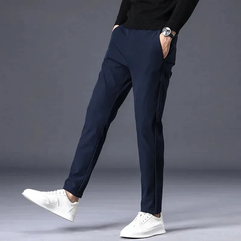 Thicken Fleece Lined Pants - Men's Warm Elastic Waist Outdoor Sweatpants Fashion Slim Grey Suit Trousers
