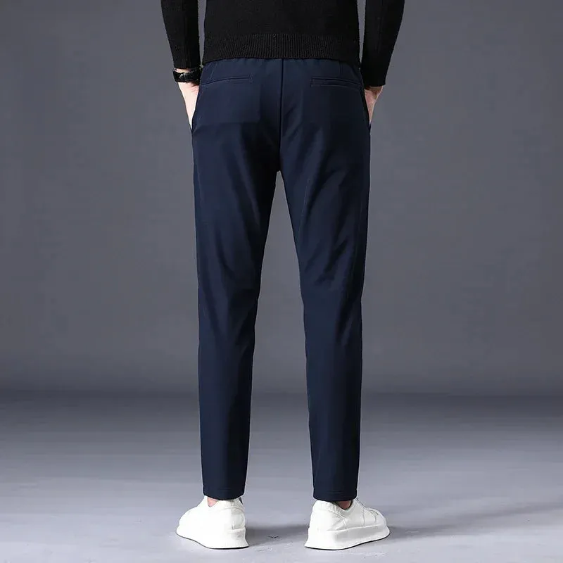 Thicken Fleece Lined Pants - Men's Warm Elastic Waist Outdoor Sweatpants Fashion Slim Grey Suit Trousers