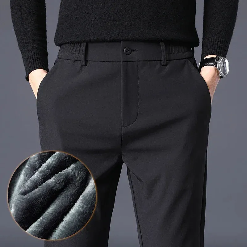 Thicken Fleece Lined Pants - Men's Warm Elastic Waist Outdoor Sweatpants Fashion Slim Grey Suit Trousers