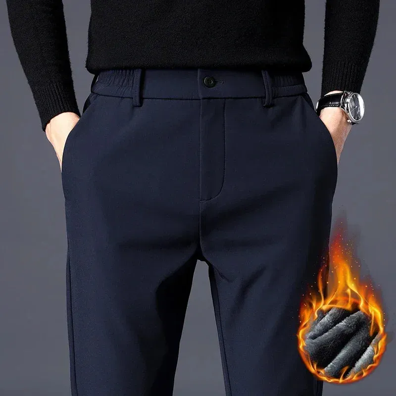 Thicken Fleece Lined Pants - Men's Warm Elastic Waist Outdoor Sweatpants Fashion Slim Grey Suit Trousers