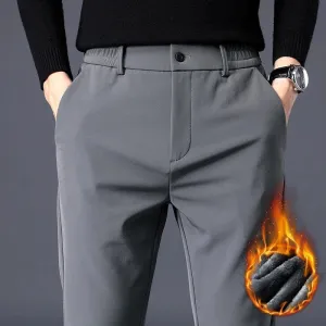 Thicken Fleece Lined Pants - Men's Warm Elastic Waist Outdoor Sweatpants Fashion Slim Grey Suit Trousers