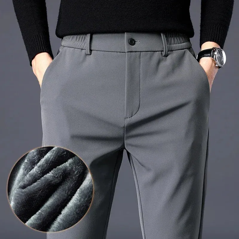 Thicken Fleece Lined Pants - Men's Warm Elastic Waist Outdoor Sweatpants Fashion Slim Grey Suit Trousers