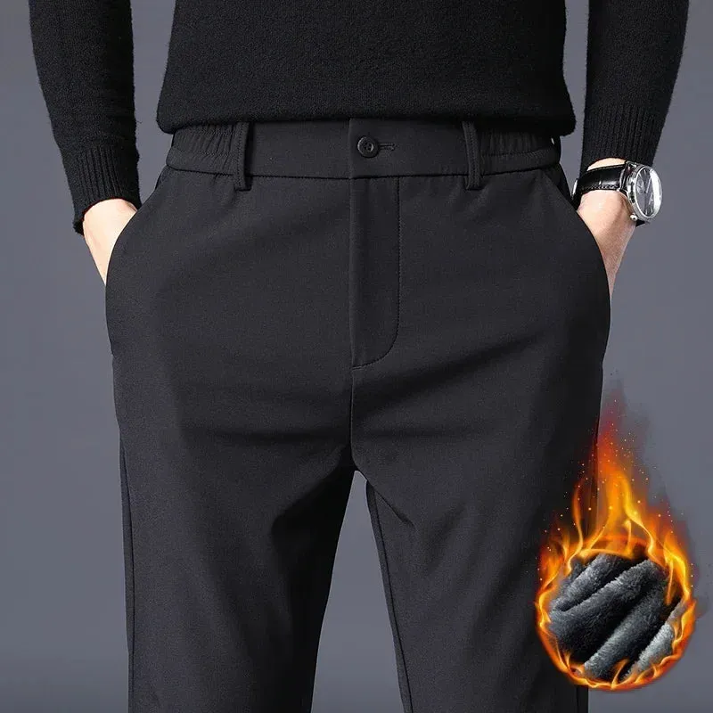 Thicken Fleece Lined Pants - Men's Warm Elastic Waist Outdoor Sweatpants Fashion Slim Grey Suit Trousers