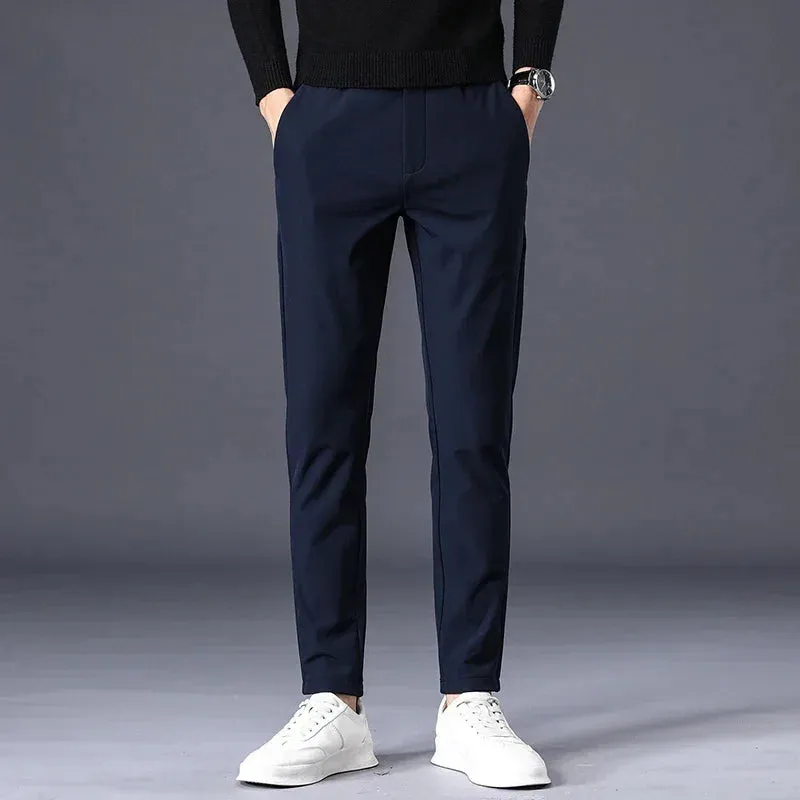 Thicken Fleece Lined Pants - Men's Warm Elastic Waist Outdoor Sweatpants Fashion Slim Grey Suit Trousers