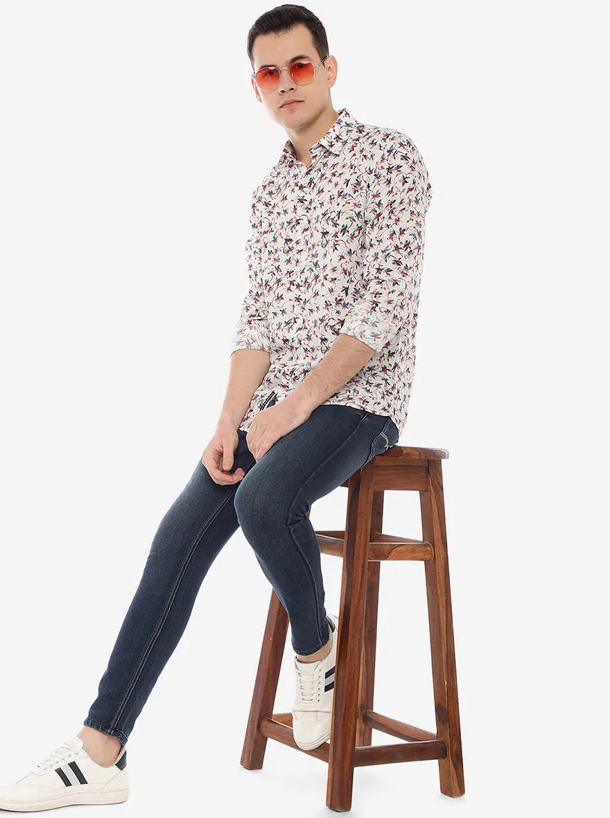 White Printed Slim Fit Semi Casual Shirt | JadeBlue