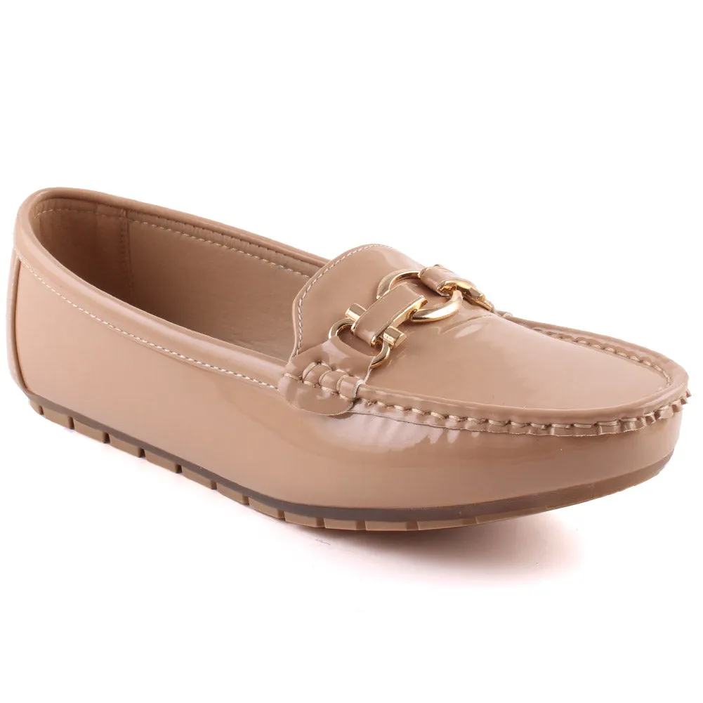 Women “MARLEE”  Patent Stylish Chain Buckle Stitched Detail Moccasin Shoes
