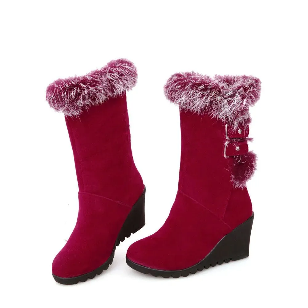 Women's Rubber Boots Luxury Designer Round Toe Wedge Shoes  Rain Red Fashion High Heel Mid Calf Ladies Mid-Calf Solid Fabric Lac