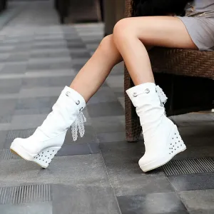 Women's Rubber Boots Luxury Designer Round Toe Wedge Shoes  Rain Red Fashion High Heel Mid Calf Ladies Mid-Calf Solid Fabric Lac