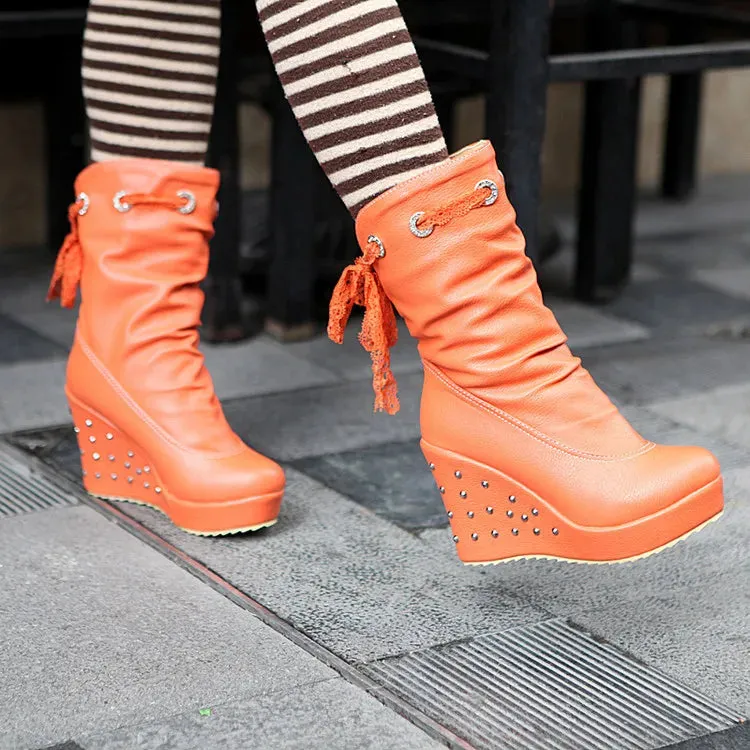 Women's Rubber Boots Luxury Designer Round Toe Wedge Shoes  Rain Red Fashion High Heel Mid Calf Ladies Mid-Calf Solid Fabric Lac
