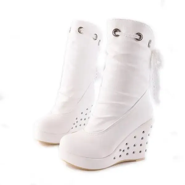 Women's Rubber Boots Luxury Designer Round Toe Wedge Shoes  Rain Red Fashion High Heel Mid Calf Ladies Mid-Calf Solid Fabric Lac