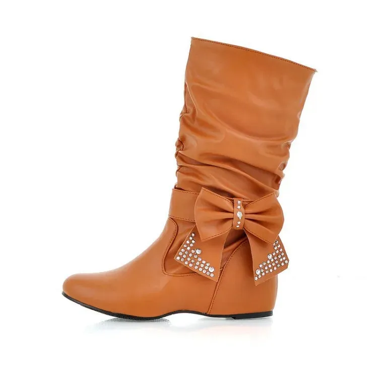 Women's Rubber Boots Luxury Designer Round Toe Wedge Shoes  Rain Red Fashion High Heel Mid Calf Ladies Mid-Calf Solid Fabric Lac
