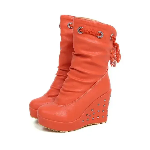Women's Rubber Boots Luxury Designer Round Toe Wedge Shoes  Rain Red Fashion High Heel Mid Calf Ladies Mid-Calf Solid Fabric Lac
