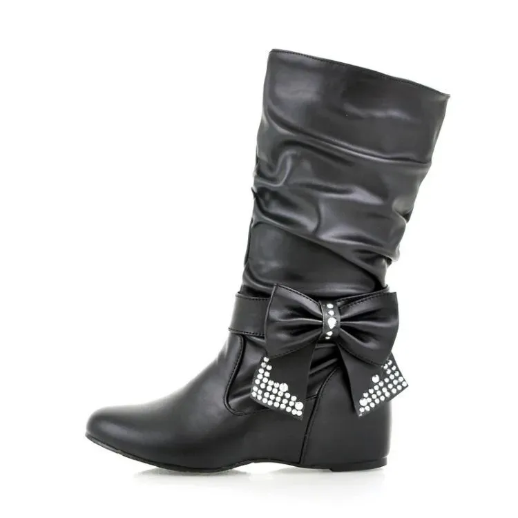 Women's Rubber Boots Luxury Designer Round Toe Wedge Shoes  Rain Red Fashion High Heel Mid Calf Ladies Mid-Calf Solid Fabric Lac