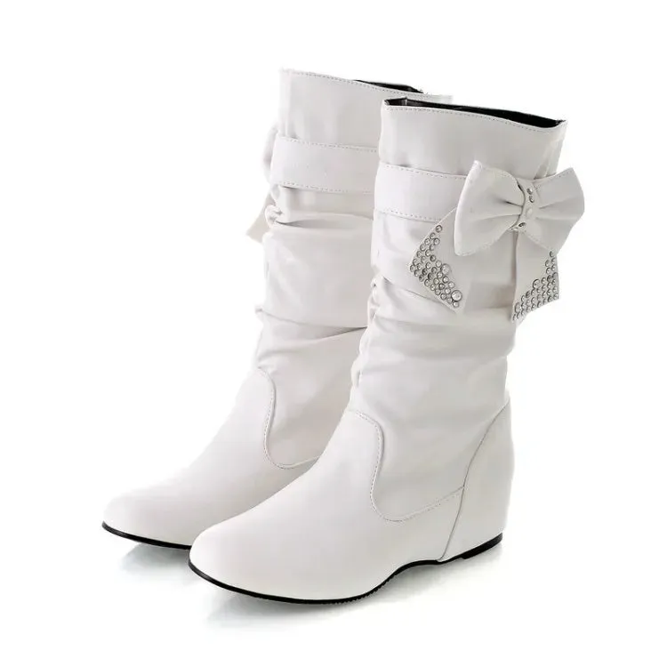 Women's Rubber Boots Luxury Designer Round Toe Wedge Shoes  Rain Red Fashion High Heel Mid Calf Ladies Mid-Calf Solid Fabric Lac