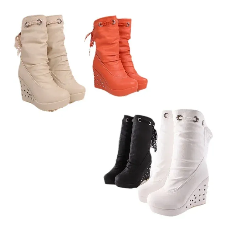 Women's Rubber Boots Luxury Designer Round Toe Wedge Shoes  Rain Red Fashion High Heel Mid Calf Ladies Mid-Calf Solid Fabric Lac