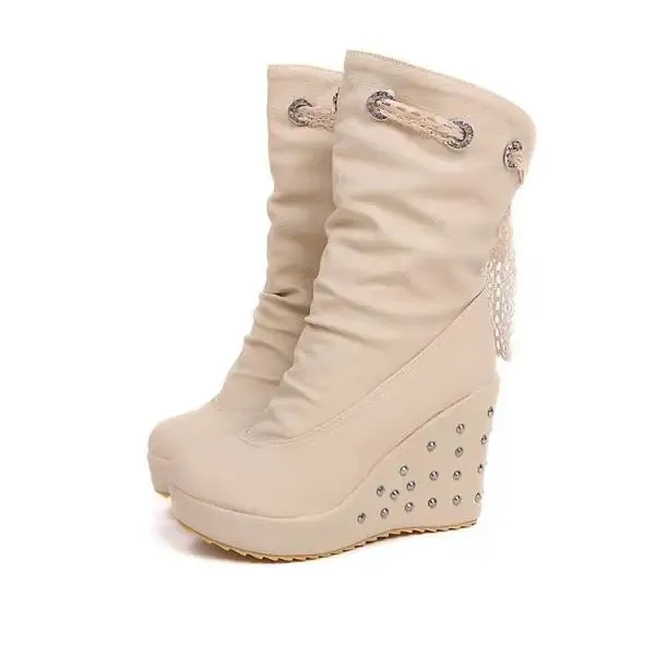 Women's Rubber Boots Luxury Designer Round Toe Wedge Shoes  Rain Red Fashion High Heel Mid Calf Ladies Mid-Calf Solid Fabric Lac