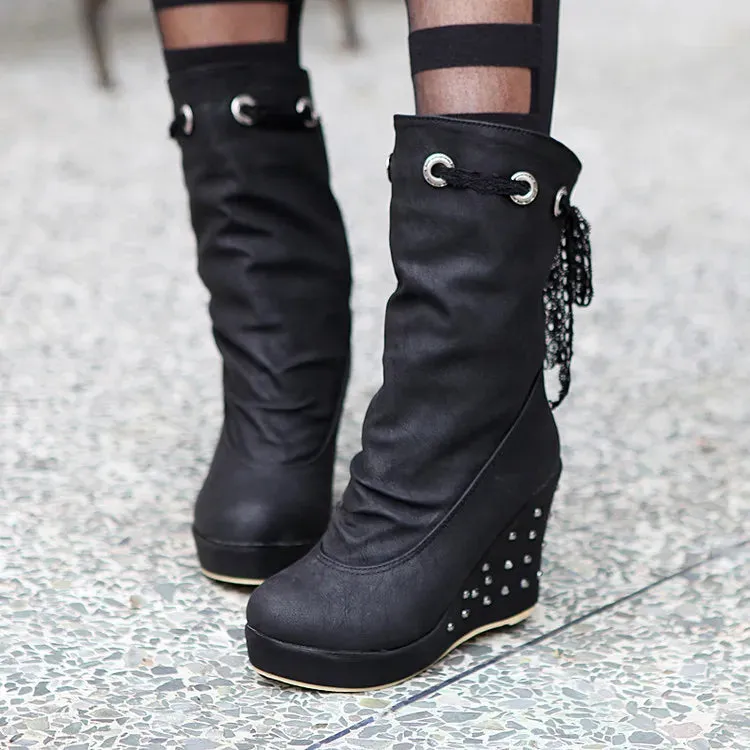 Women's Rubber Boots Luxury Designer Round Toe Wedge Shoes  Rain Red Fashion High Heel Mid Calf Ladies Mid-Calf Solid Fabric Lac