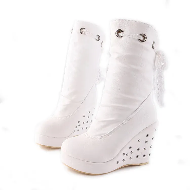 Women's Rubber Boots Luxury Designer Round Toe Wedge Shoes  Rain Red Fashion High Heel Mid Calf Ladies Mid-Calf Solid Fabric Lac