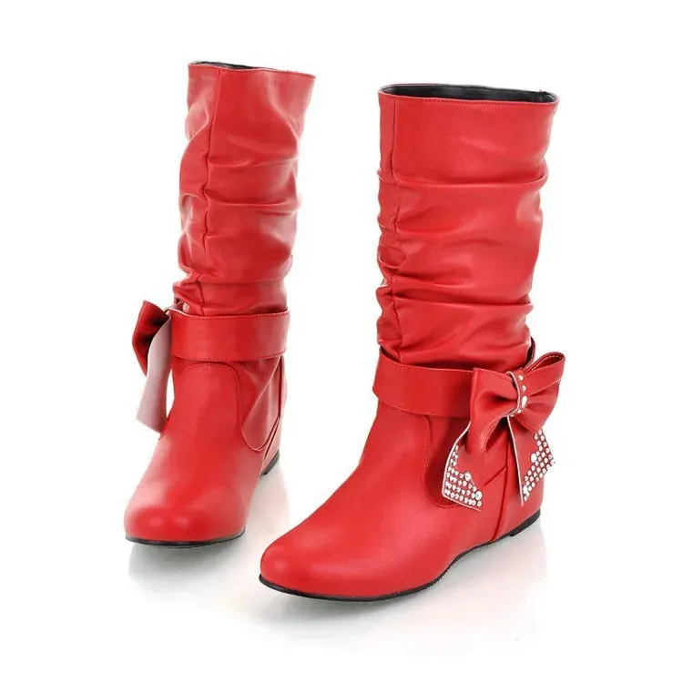 Women's Rubber Boots Luxury Designer Round Toe Wedge Shoes  Rain Red Fashion High Heel Mid Calf Ladies Mid-Calf Solid Fabric Lac