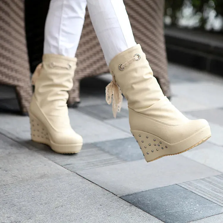 Women's Rubber Boots Luxury Designer Round Toe Wedge Shoes  Rain Red Fashion High Heel Mid Calf Ladies Mid-Calf Solid Fabric Lac
