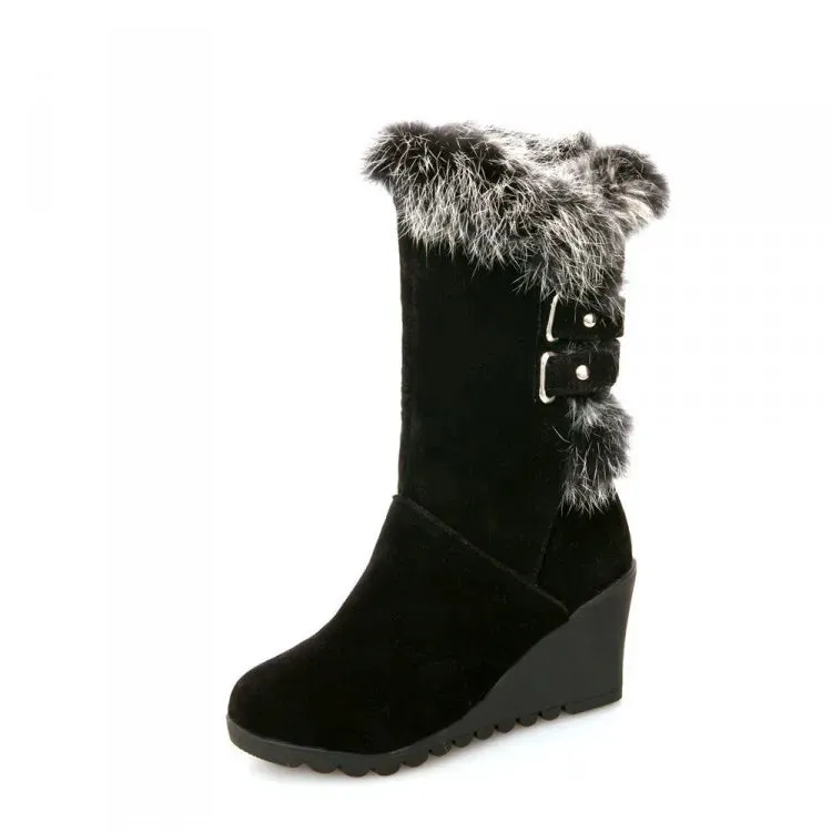 Women's Rubber Boots Luxury Designer Round Toe Wedge Shoes  Rain Red Fashion High Heel Mid Calf Ladies Mid-Calf Solid Fabric Lac
